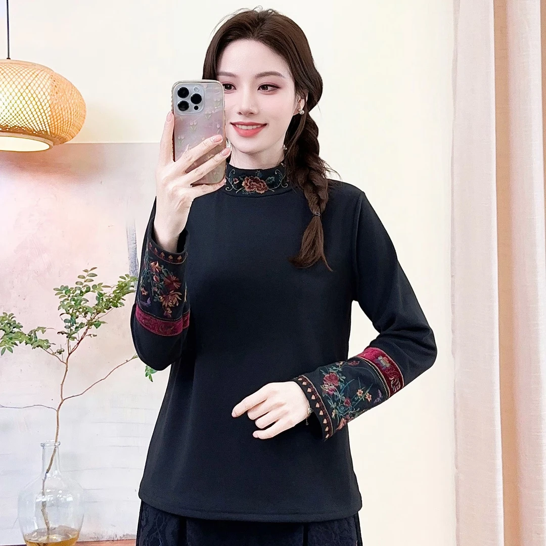 雪儿 加绒复古牡丹花刺绣T恤长袖半高领双面绒保暖打底衫2501