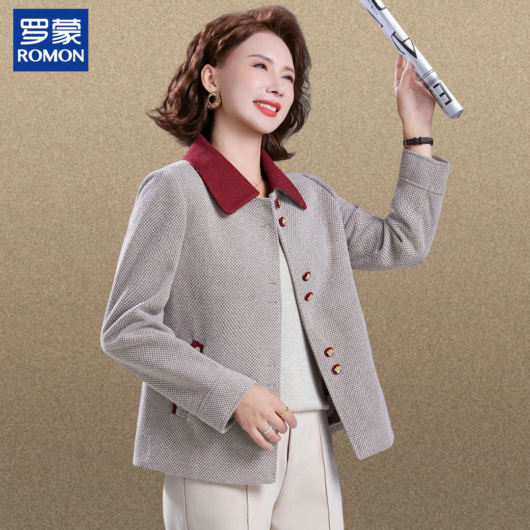 罗蒙妈妈秋装毛呢气质外套中年女针织夹克衫中老年人撞色翻领上衣