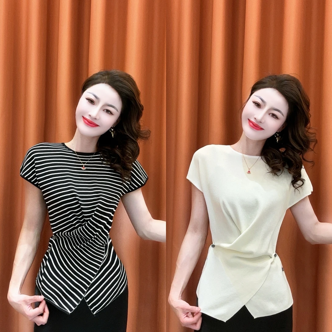 【彰显精致】2025夏季新款不规则圆领短袖针织衫法式时尚显瘦上衣