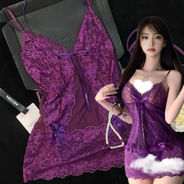 【紫色韵味】80-200斤吊带睡裙睡衣女纯欲蕾丝网纱美背镂空薄款