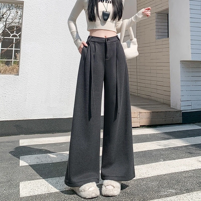 加绒加厚羊毛呢休闲裤女2025年秋冬高腰宽松显瘦直筒西装阔腿裤