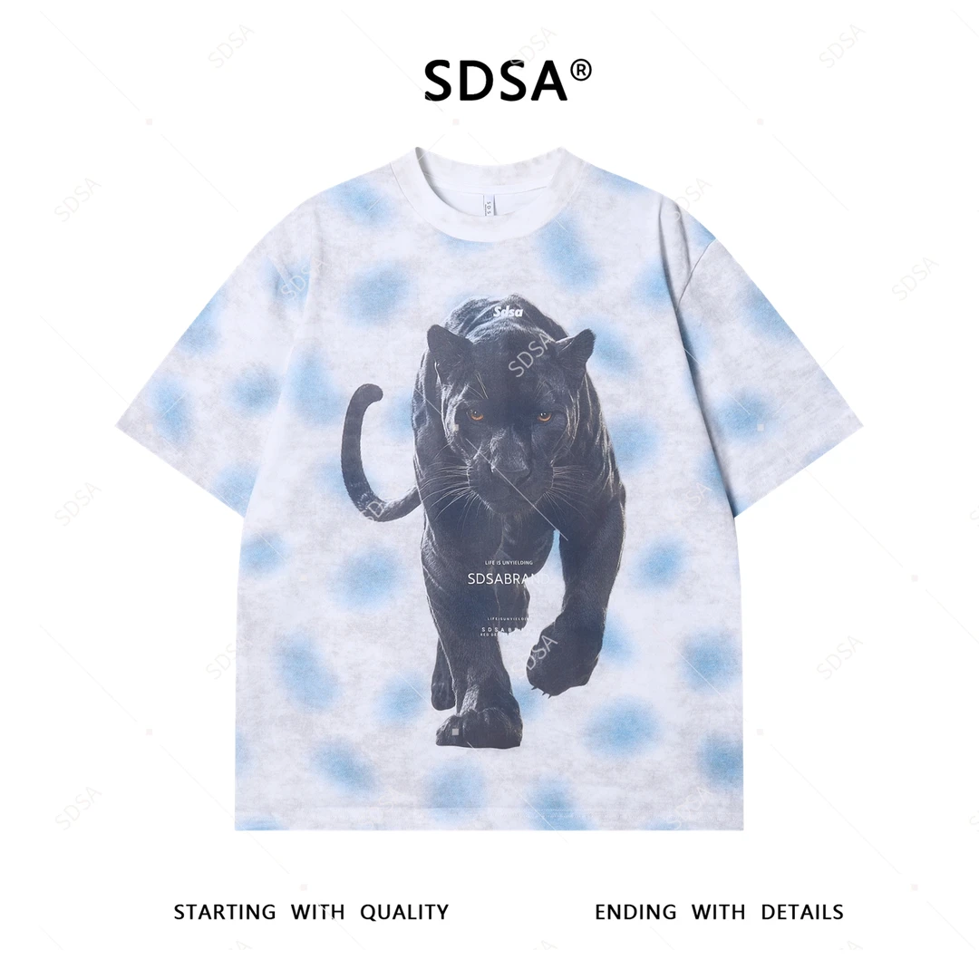 夏季高级感新款男士扎染撞色豹子字母印花短袖T恤高街圆领上衣