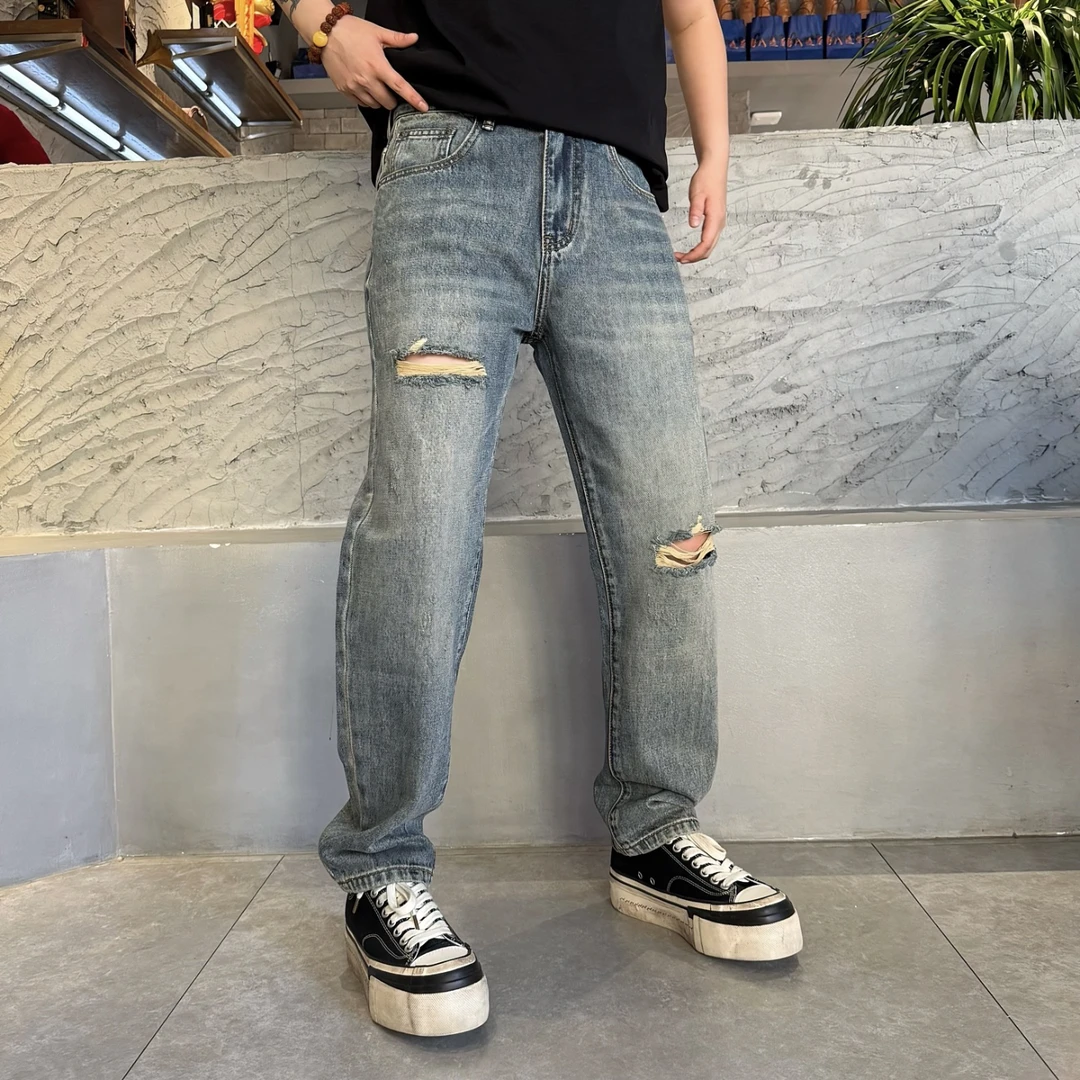 9652美式高街乞丐破洞牛仔裤小直筒宽松潮牌夏季复古牛仔长裤男