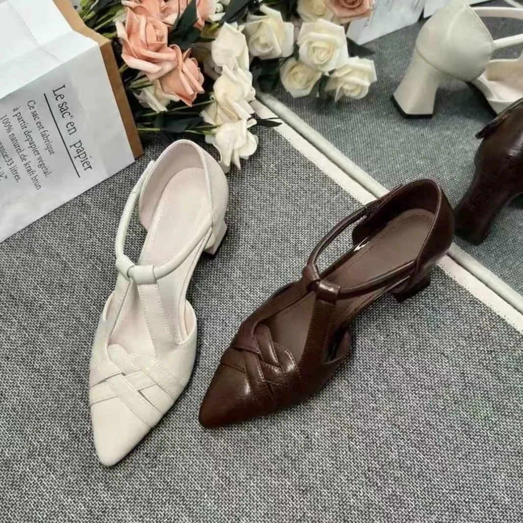 【品牌力荐】法式尖头纳帕皮包头时装凉鞋低跟浅口百搭跟鞋9690