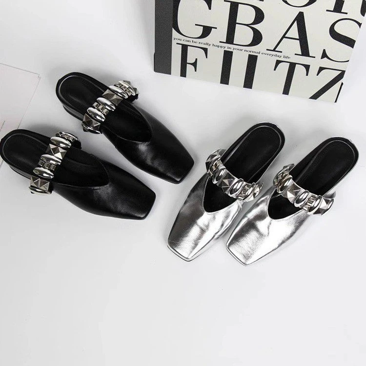 甜酷英伦风金属上班单鞋女款2025夏季新款内增高外穿方头包头半拖