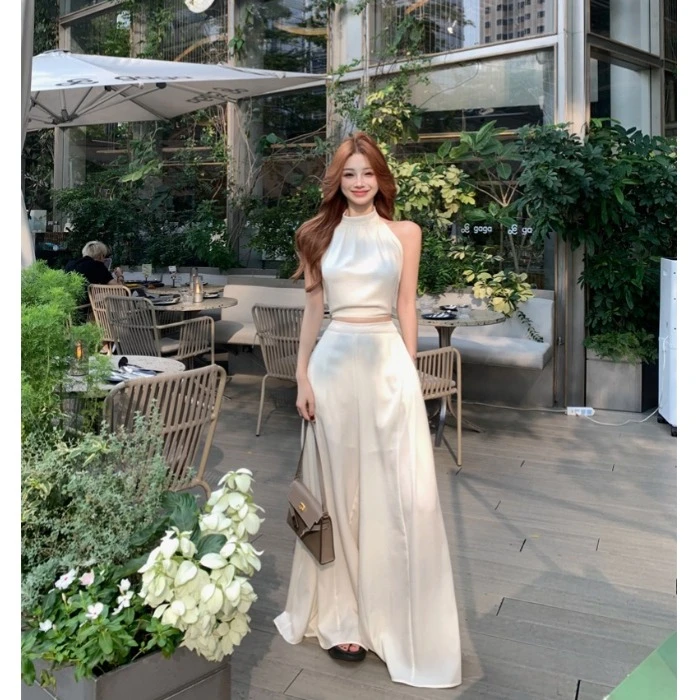 无袖挂脖性感露背绑带背心上衣高腰垂感休闲裤阔腿拖地裤套装女夏