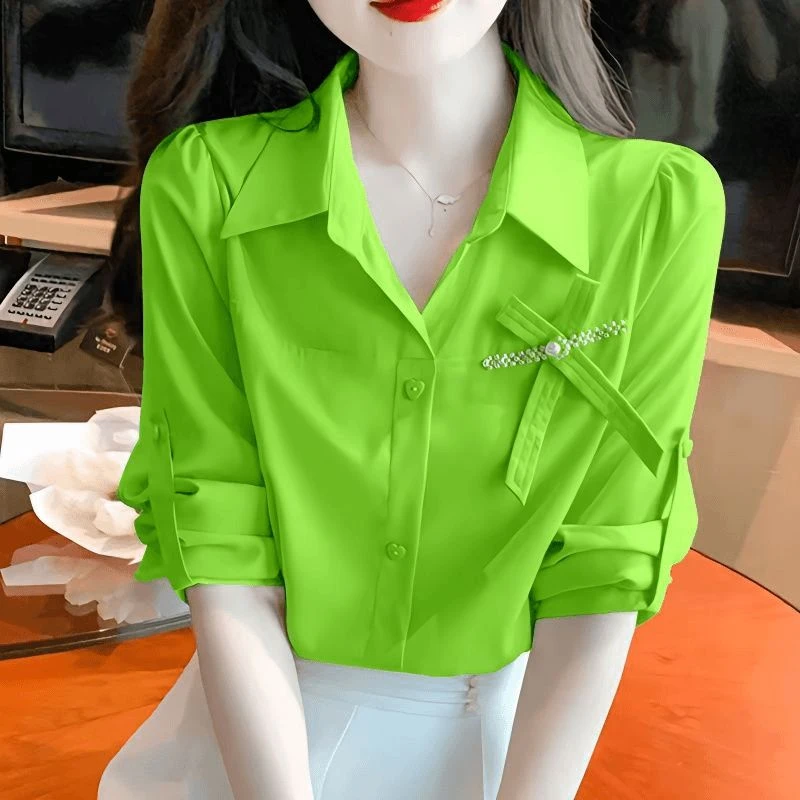 绿色别致蝴蝶结衬衫女设计感秋季2025新款气质百搭遮肚子小衫上衣