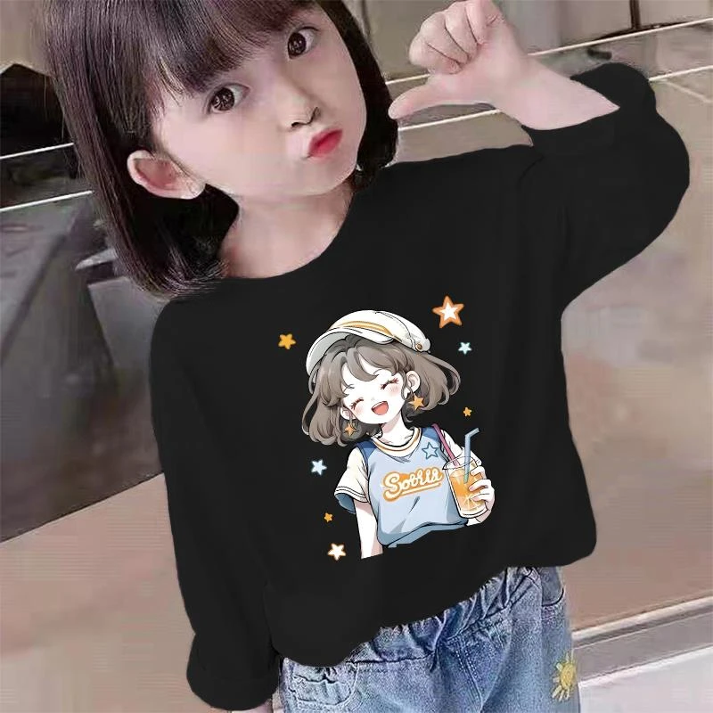 范哲萨儿童黑色圆领长袖T恤卡通印花韩版宽松中大童春春装洋气女