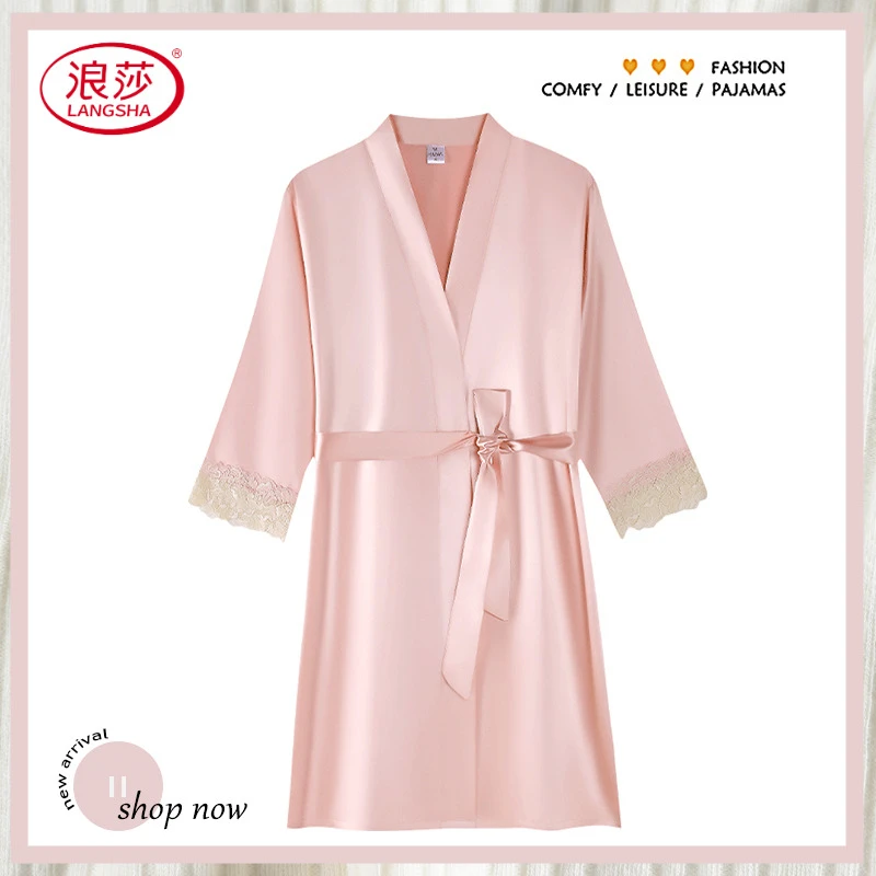 浪莎性感睡袍女夏季薄款冰丝七分袖晨袍浴袍夏天凉感纯欲风家居服