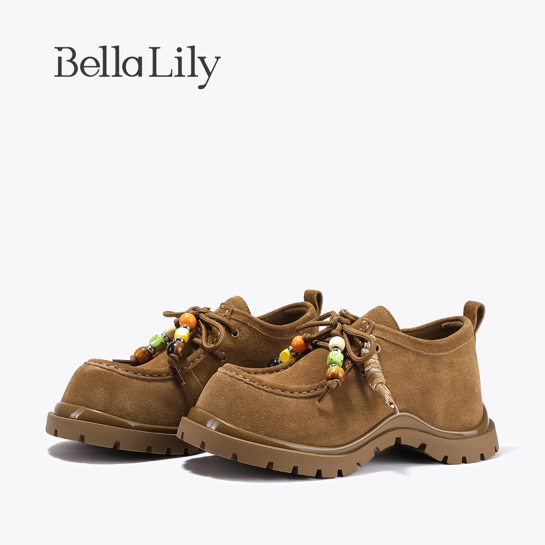 BellaLily2025秋季新款英伦风复古串珠勃肯鞋女厚底增高鞋小皮鞋