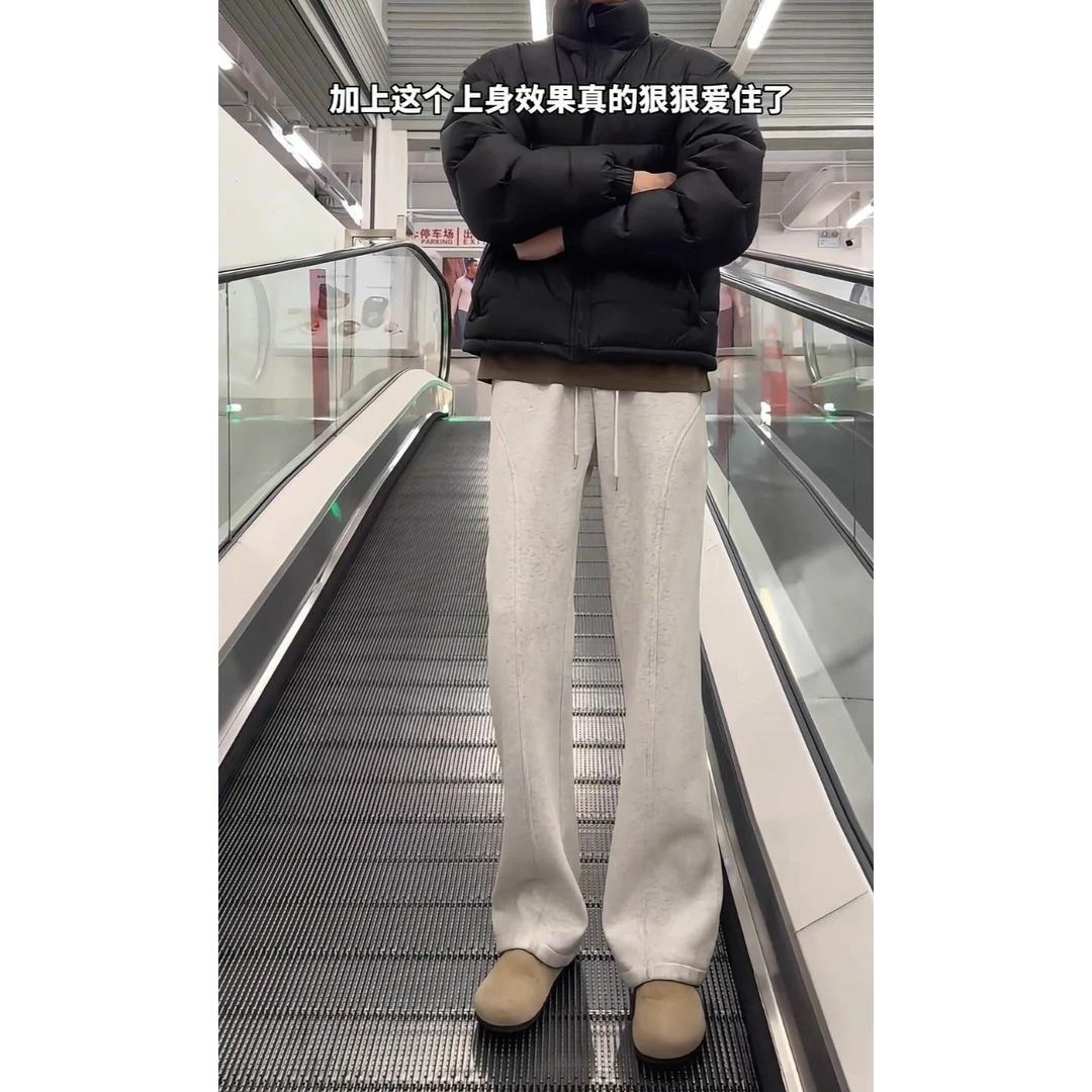 男女美式斜切微喇弯刀拼接卫裤2025秋季新款百搭宽松直筒运动长裤