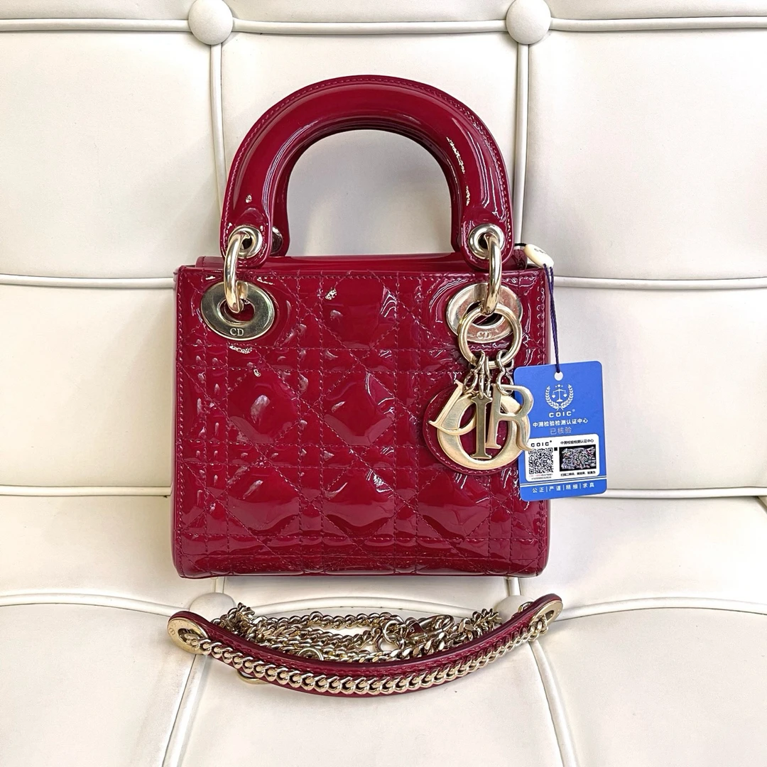 95新 DIOR/迪奥 119650 迪奥红色漆皮戴妃三格手提斜挎包