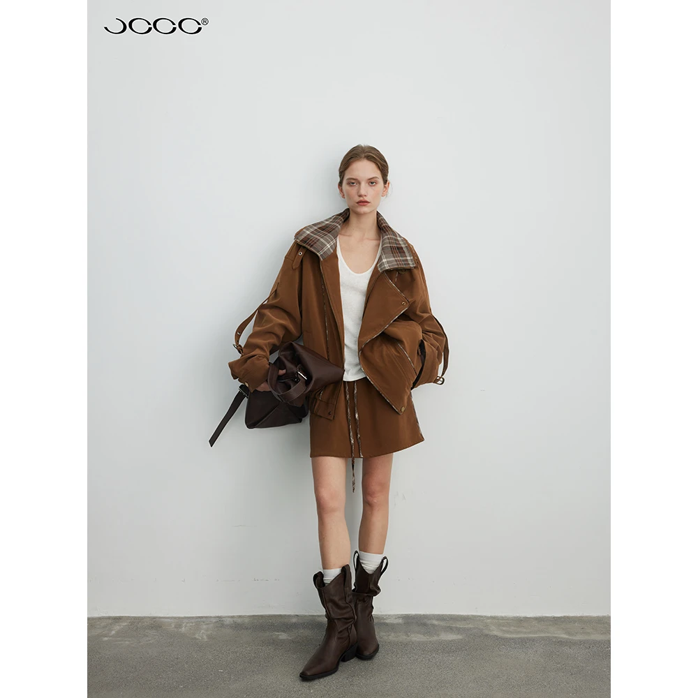 JCCC影子【“黑标/限量”格度】驼色拼接格纹PU夹克外套JE5BPW10
