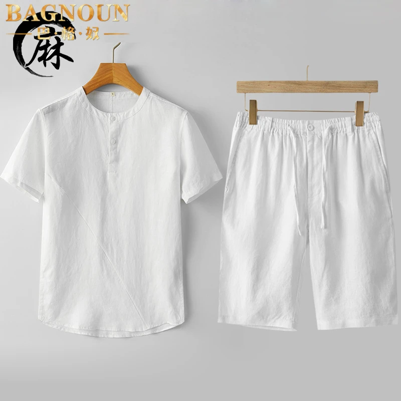 巴格奴纯亚麻时尚套装男士夏季新款轻奢薄款短袖短裤纯麻料两件套