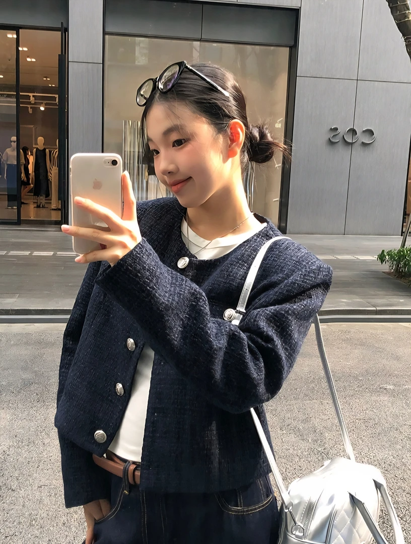 2025秋冬藏蓝色新款休闲短款外套长袖上衣气质粗花呢小香风上衣