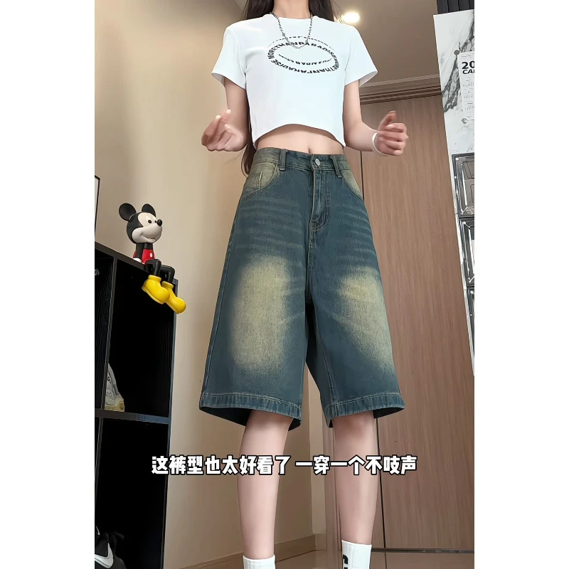 水洗工装牛仔短裤男夏季薄款中裤美式街头百搭宽松直筒运动五分裤