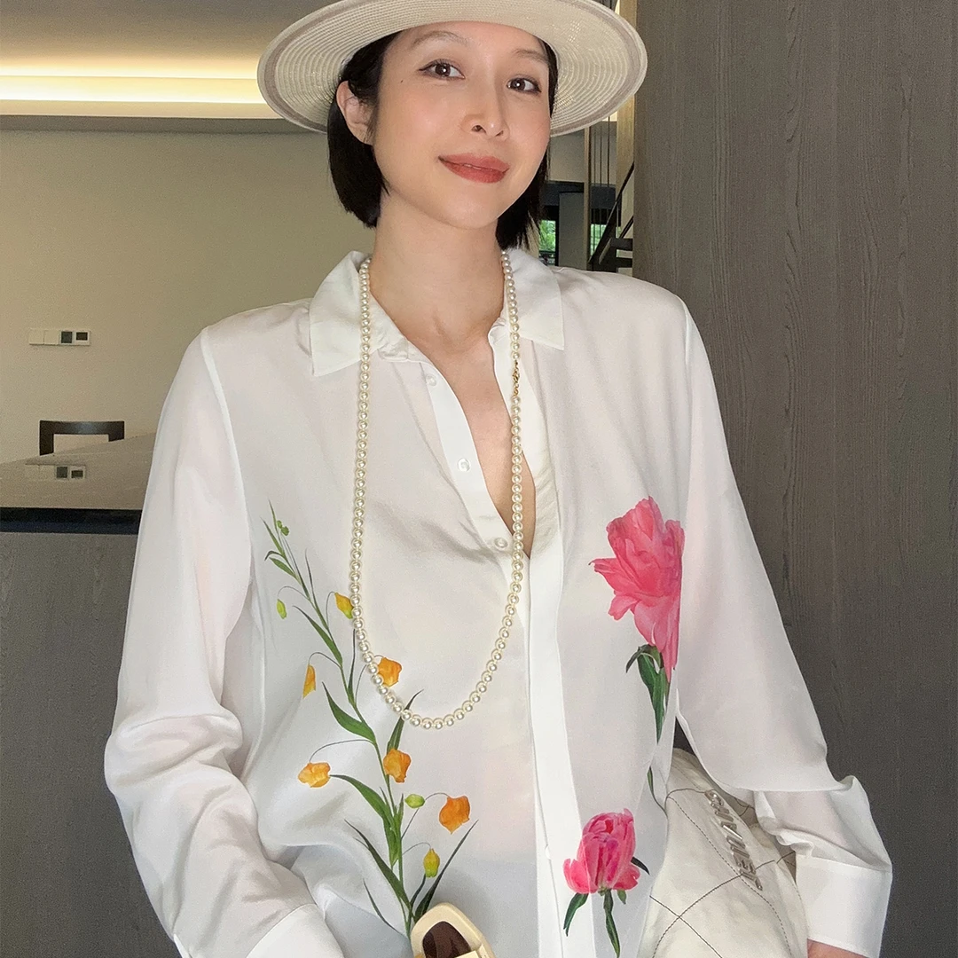 Daily romance25春法式设计感定位芍药印花桑蚕丝衬衫