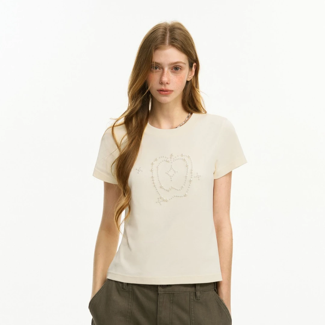 F426潮牌夏季新款美式休闲t恤苹果钉珠短袖短款正肩显瘦上衣0137