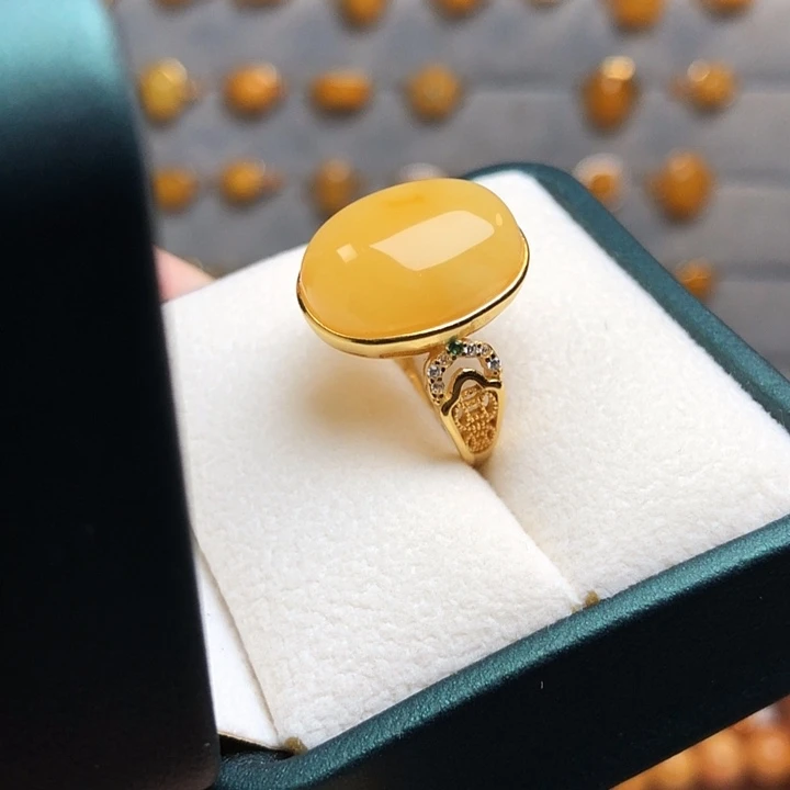 蜜蜡银S925镀金镶嵌戒指