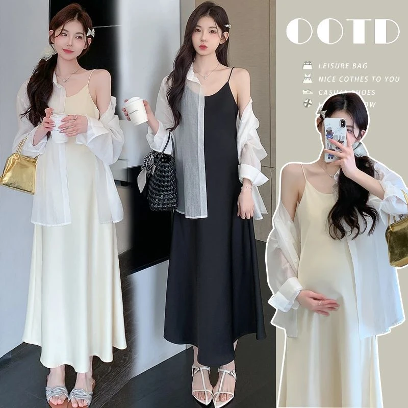 时髦孕妇套装夏装新时尚韩版气质蕾丝拼接防晒衬衫显瘦缎面吊带裙