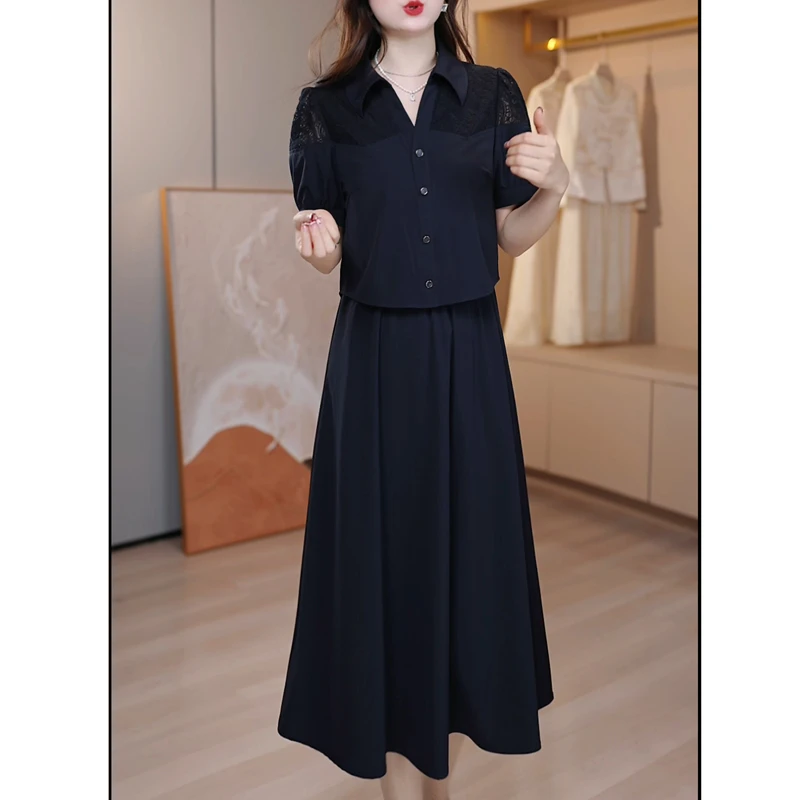 时尚洋气假俩件短袖镂空连衣裙女2025夏季新款修身显瘦中长款裙子