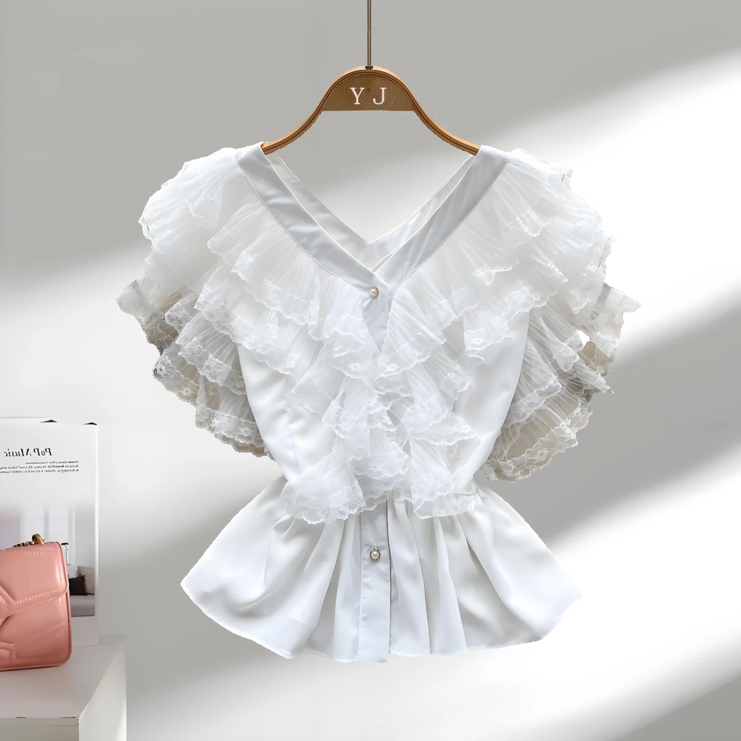 法式辣妹风V领衬衫夏季荷叶边网纱设计炸街轻熟御姐上衣小众女装