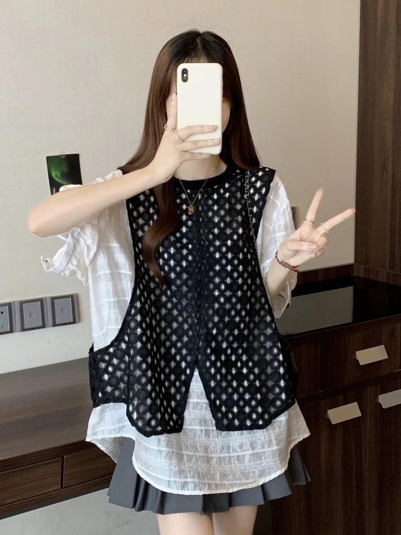 新疆包邮【T203】蕾丝马甲假两件T恤-衣长65