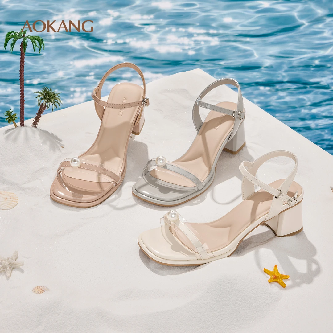 奥康 女鞋2025夏季凉鞋法式高级一字带珍珠时装凉鞋外穿配裙凉拖