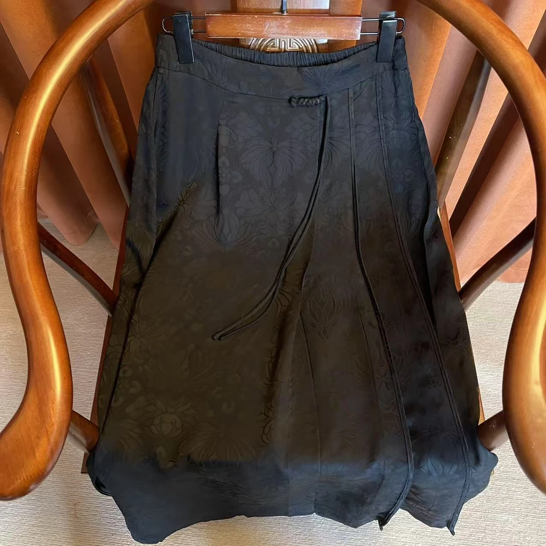 【半枫】轻职风新中式百搭半身裙显瘦黑色皮裙夏季女士褶皱提花