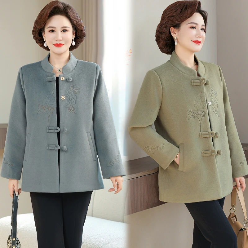 妈妈秋装新中式国风毛呢外套中老年女装春秋洋气高贵呢子绣花上衣