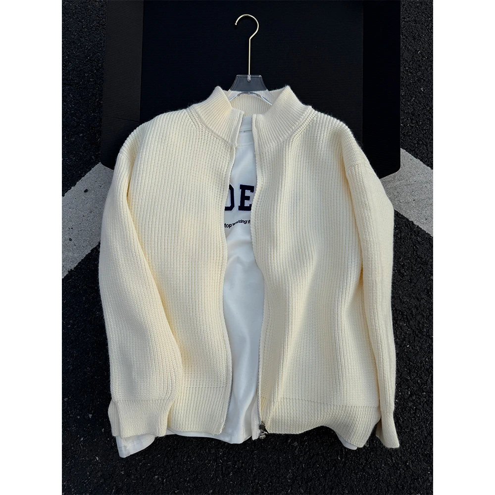 米白色立领开衫毛衣男秋季潮牌慵懒风宽松休闲cleanfit针织衫外套