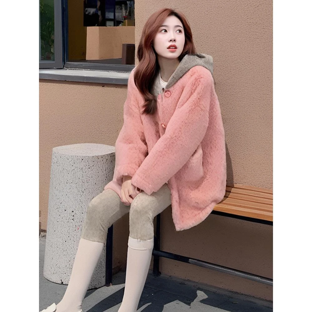 DUCURNO小香风粉色连帽短外套女冬季2026年新款拼接加厚宽松上衣