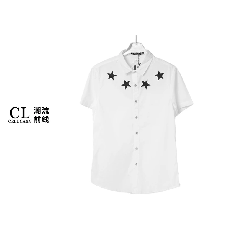 O6IB3377#夏季新款五角星印花男士立领修身上衣短袖衬衫