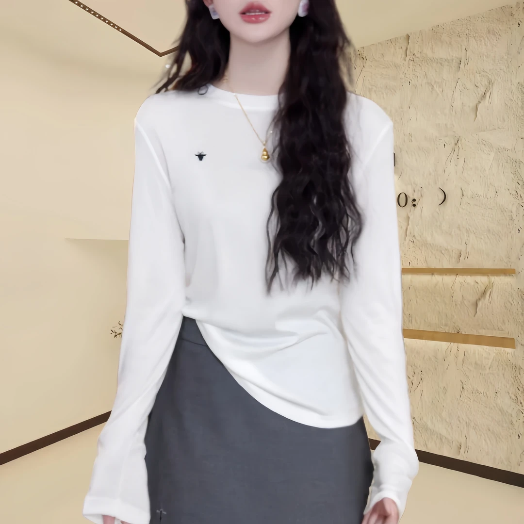 2025春夏新款休闲圆领刺绣小蜜蜂百搭长袖衫时尚女士套头T恤衫女