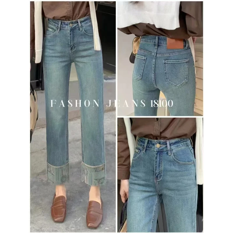 【锦衣服饰】LK 56085花纹卷边牛仔烟管裤