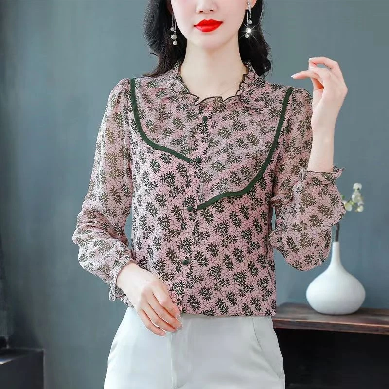 DX030上衣气质时尚长袖雪纺衫碎花显瘦雪纺衬衫洋气碎花女士