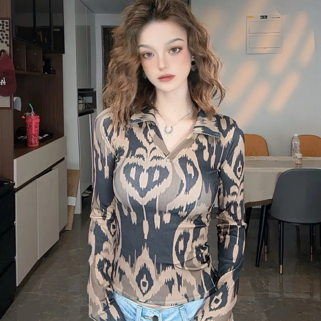 atlas印花螺纹长袖polo衫显瘦春秋洋气夏季 复古