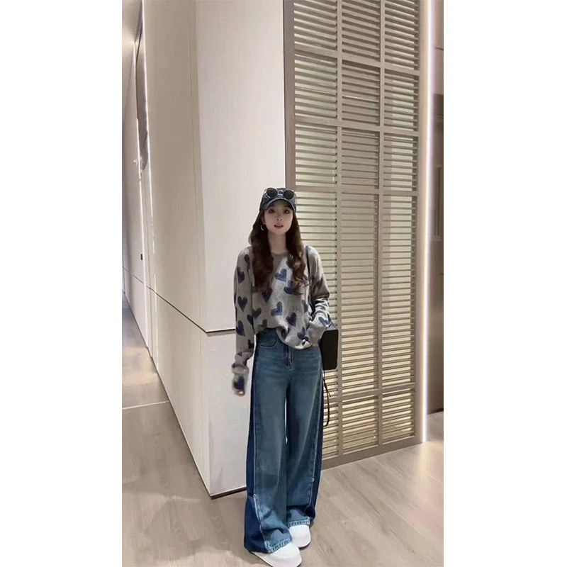 韩系穿搭2025秋季新款百搭爱心长袖针织衫显瘦阔腿牛仔裤两件套女