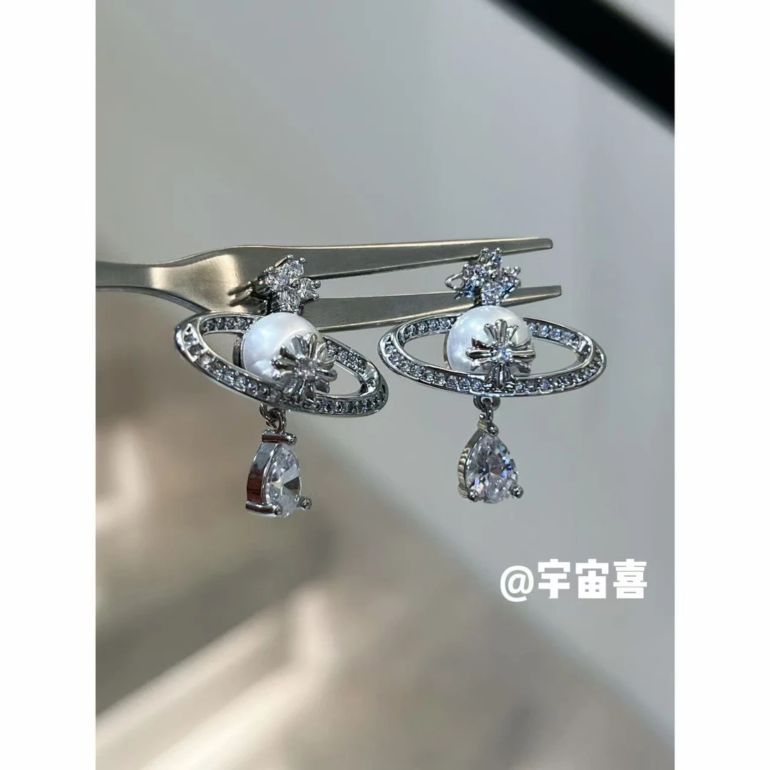 铜合金锆石耳饰  C5-027【大号半立体星球贝珠坠水滴米子花耳钉】