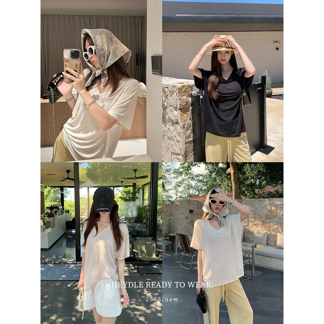 黑豆哼哼 自然织物*莱赛尔亚麻混纺t恤女夏季宽松百搭v领短袖上衣