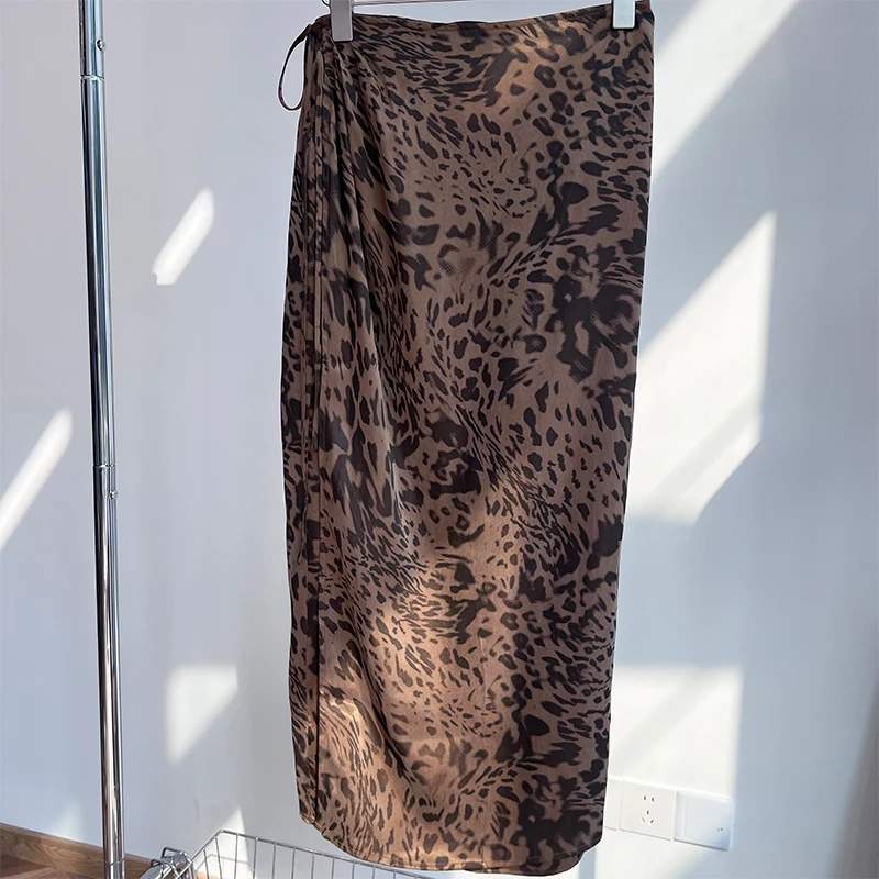 85BQ3842时尚复古豹纹印花绑带半身裙女轻奢设计感高腰显瘦长裙子