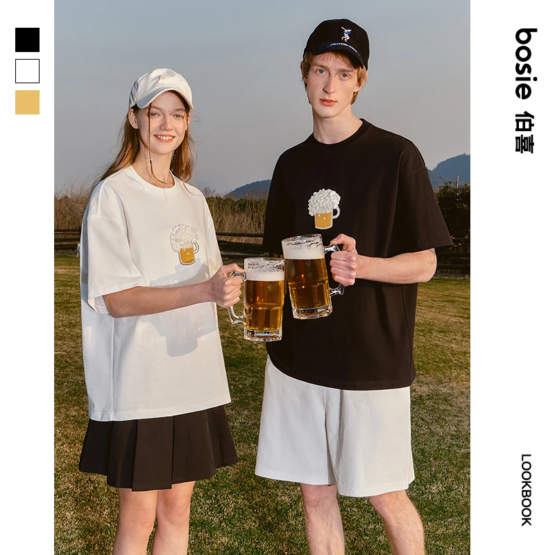 bosie立体钩针绣花趣味啤酒杯短袖印花圆领日常落肩袖秋夏t恤百搭