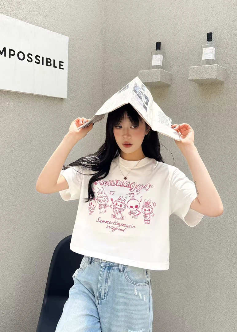 夏季ROWNAGGR纸袋家2066棉双纱短款刺绣半袖T恤