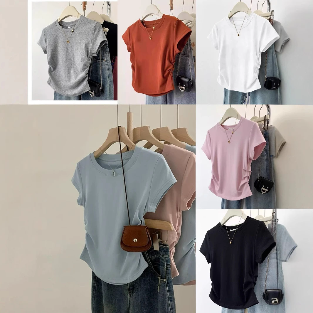 小蛮腰正肩短袖棉恤女装夏季设计感小个子早春欧货小衫上衣