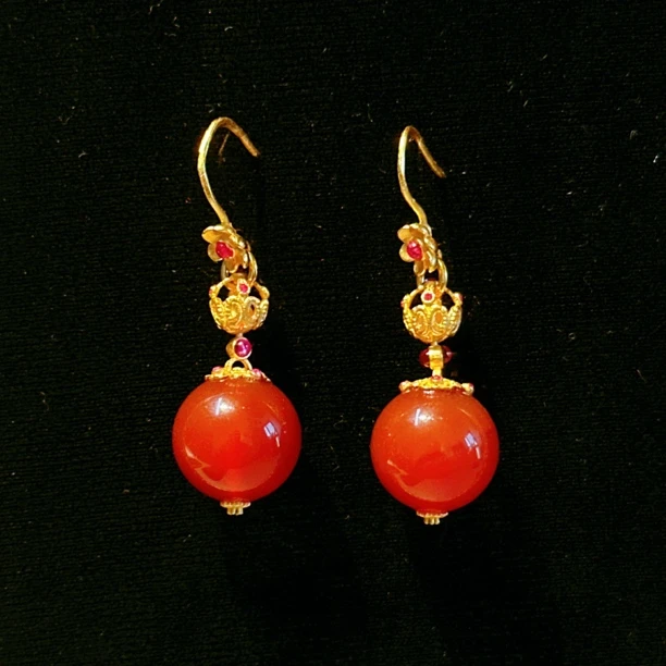 原创新款红玛瑙圆珠日常吉祥喜庆耳坠耳环/新年礼物【天玺珠宝】