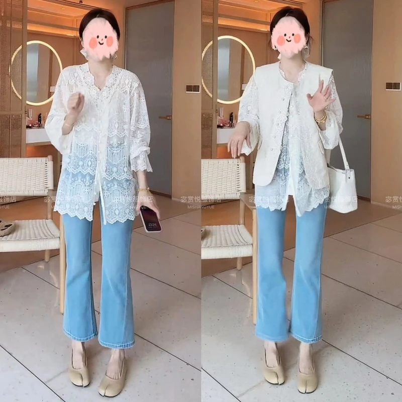 女生开春衣服早春穿搭一整套女装时尚气质蕾丝马甲+衬衫两件套