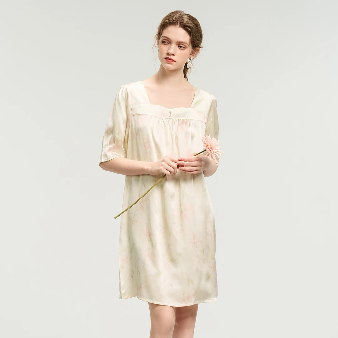 美标中袖19姆米100桑蚕丝睡衣睡裙印花显瘦时尚女士连衣裙021243