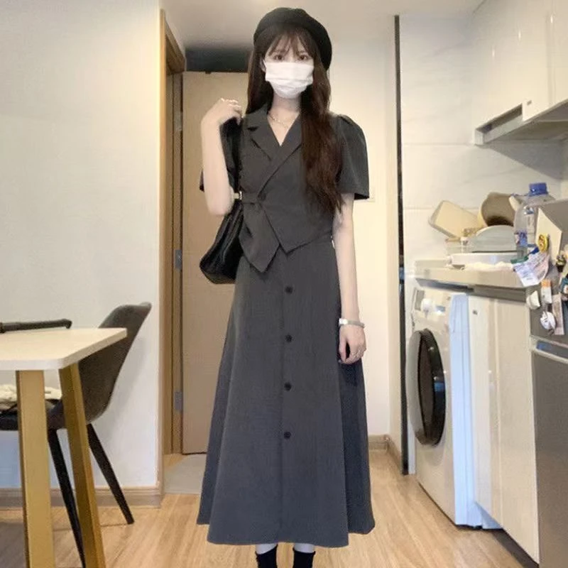 2024夏季新款港风短款不规则翻领西装上衣高腰半身裙两件套套装女