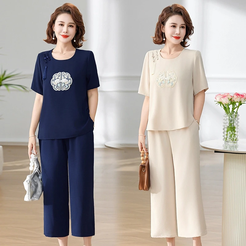 妈妈装夏季新款短袖T恤上衣新中式国风中老年女装大码裤子套装