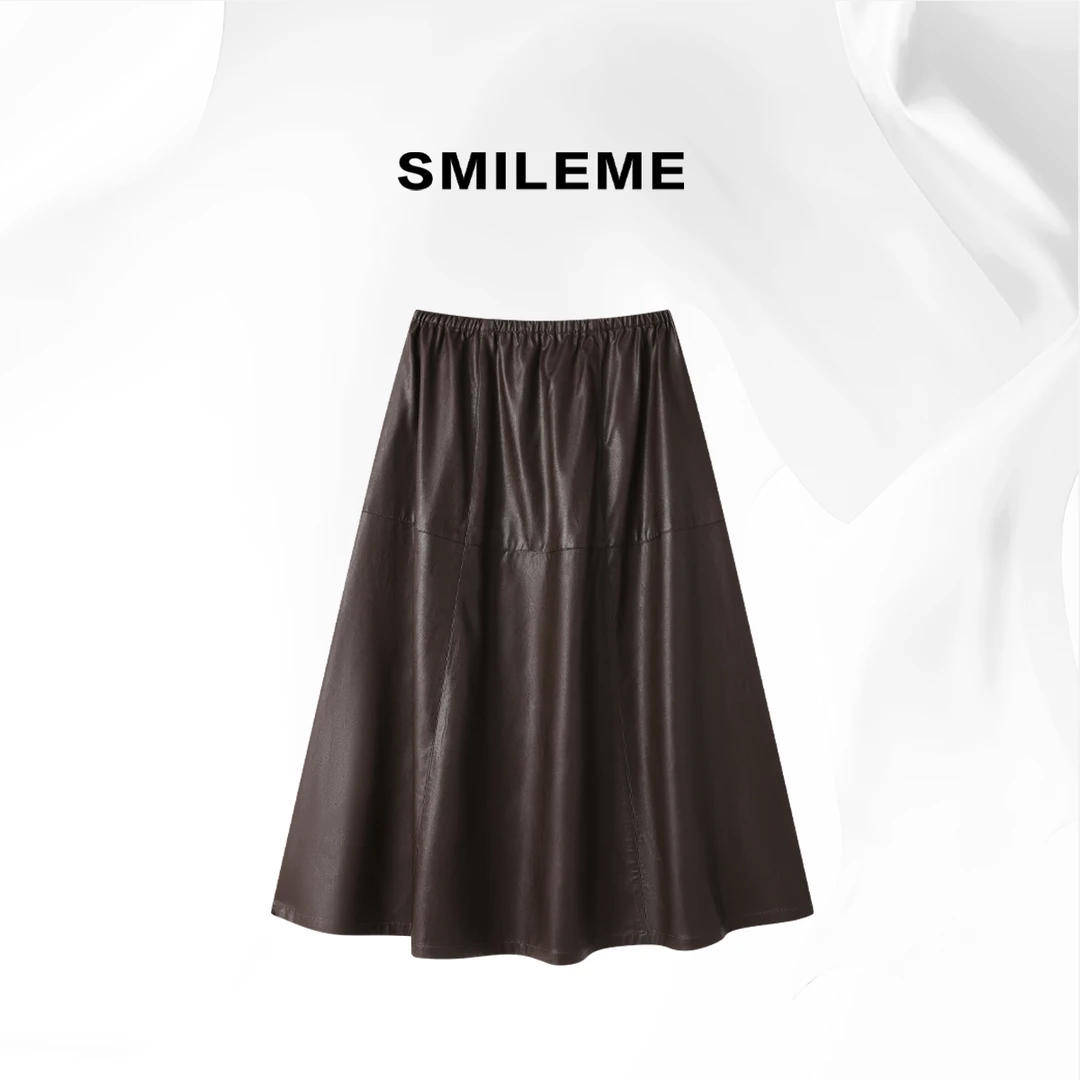 SMILEME【 远山如黛】气质遮胯显瘦大摆皮裙半身裙R5384002